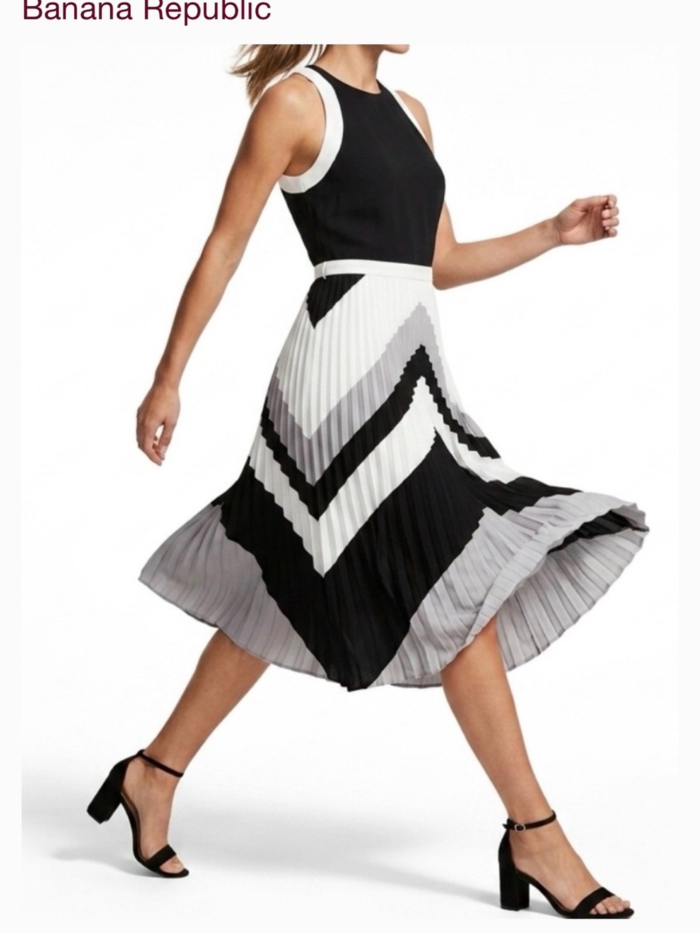 Banana Republic Black, White and Gray Chevron Pleated Midi Dress